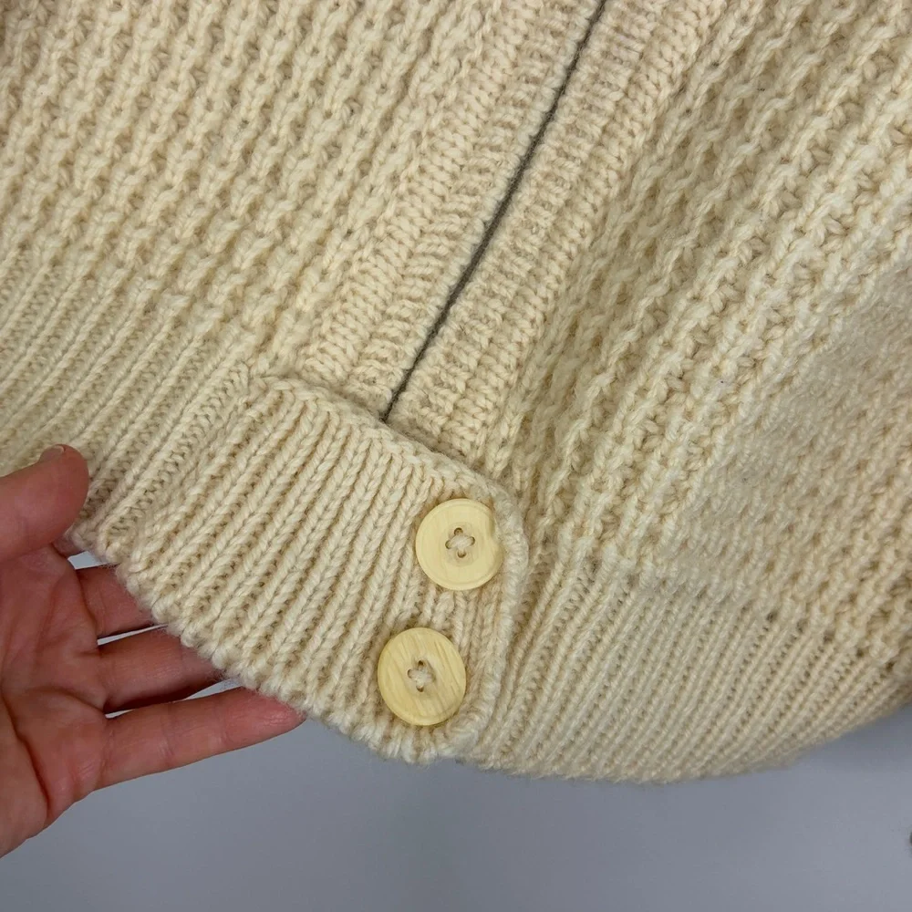 Vintage Irish Sweater Womens Large Cream Wool Chunky Knit Coatigan Cardigan - Picture 7 of 16